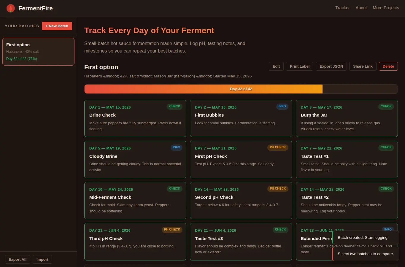 Screenshot of FermentFire | Small-Batch Hot Sauce Fermentation Tracker interface showing the project page in use